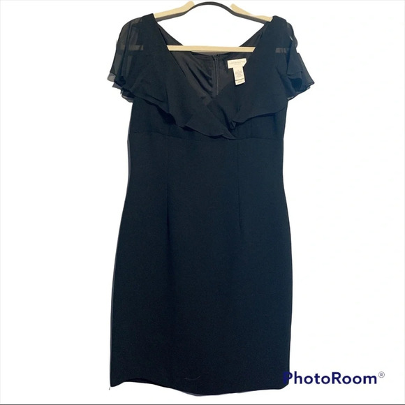 Liz Claiborne Black Sheer Ruffle V-Neckline Dress Size 6 - Picture 1 of 8